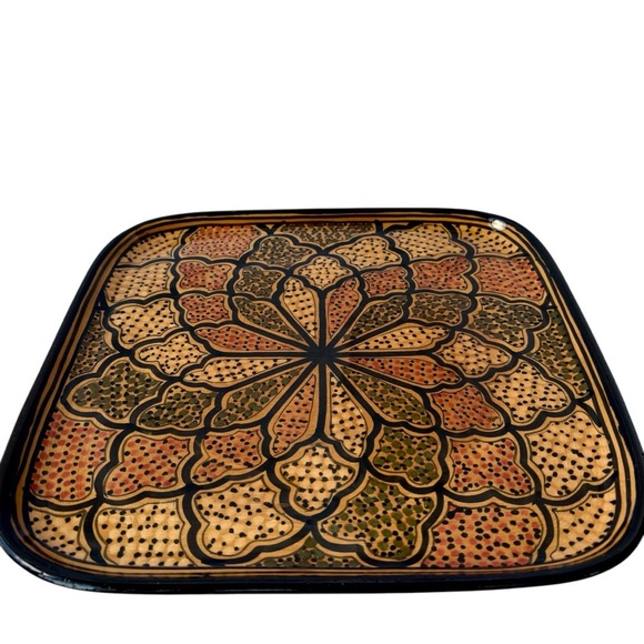 Le Souk Tunisia Handmade Honey Square Ceramic Vintage Platter Pottery Art Plate - Picture 9 of 12